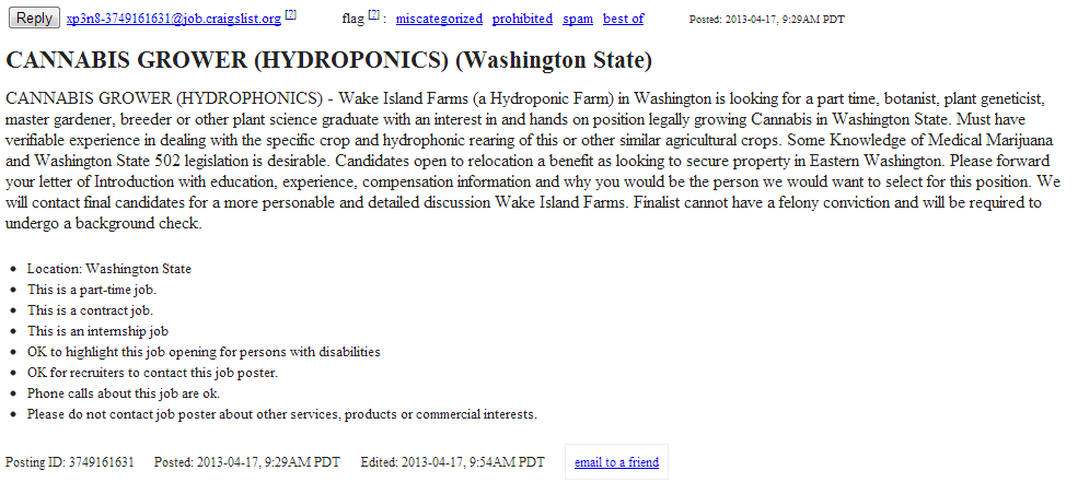 Marijuana job posted on craigs list