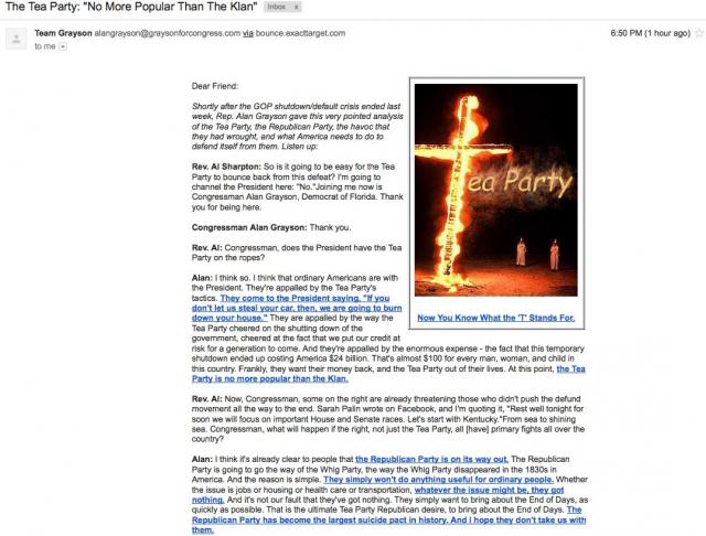 Democrat Congressman, Alan Grayson, uses KKK burning cross to malign the Tea Party