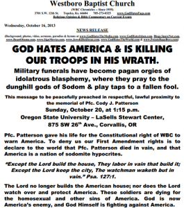 The Westboro Baptist Church issued flyer threatening picket of Army Ranger Pfc Cody Patterson.