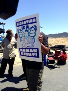 A counter protester aligned who joined with the brown shirts at Murrieta, California Border Patrol Station protest. 