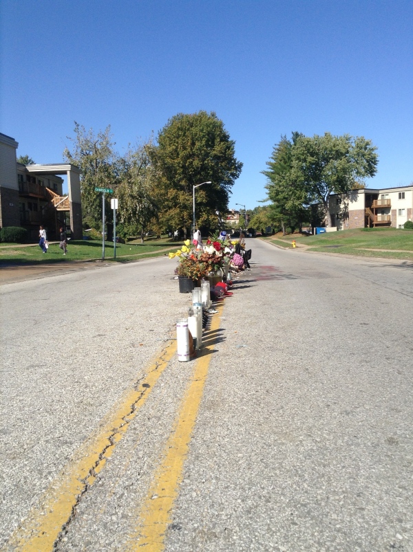 A spontaneous memorial where Michael Brown lay after being shot by a police officer is still there two months later. Photo: VictoriaTaft.com